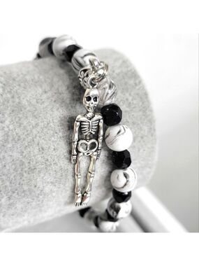 Handmade Black and White Beaded Skeleton Charm Bracelet